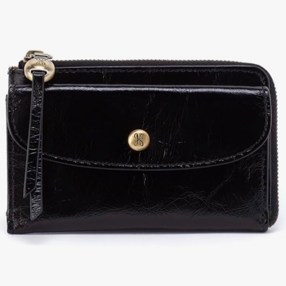 HOBO Addi Leather Card Holder Wallet with Zip Closure Snap Front Black Leather
